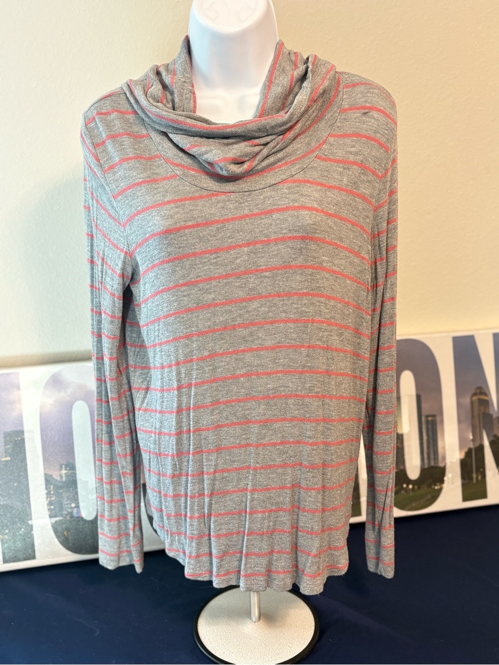 LOFT Gray with Pink Stripe Cowl Neck Sweater - Women